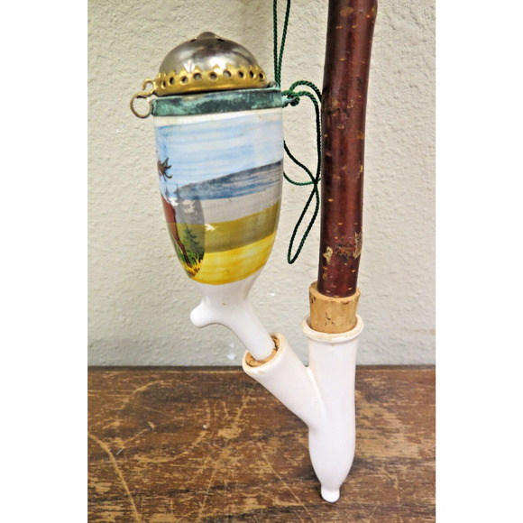 Vintage German Porcelain Hunting Tobacco Pipe W/ Natural Branch Stem 13" Moose - Picture 2 of 8